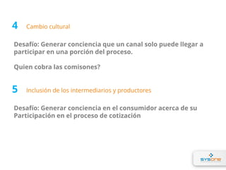Desafío: Generar conciencia que un canal solo puede llegar a
participar en una porción del proceso.
Quien cobra las comisones?
Cambio cultural4
Desafío: Generar conciencia en el consumidor acerca de su
Participación en el proceso de cotización
Inclusión de los intermediarios y productores5
 