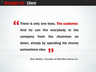 12
* Stratégie #1 : Client
“
”
There is only one boss. The customer.
And he can fire everybody in the
company from the cha...