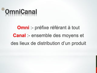 *OmniCanal
Omni :- préfixe référant à tout
Canal :- ensemble des moyens et
des lieux de distribution d’un produit
 