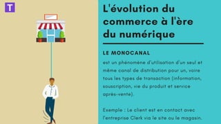 L'évolution du
commerce à l'ère
du numérique
LE MONOCANAL
est un phénomène d'utilisation d'un seul et
même canal de distribution pour un, voire
tous les types de transaction (information,
souscription, vie du produit et service
après-vente).
Exemple : Le client est en contact avec
l'entreprise Clerk via le site ou le magasin.
 