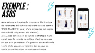 EXEMPLE :
ASOS
Asos est une entreprise de commerce électronique
de vêtements et cosmétiques étant classée comme
"PURE PLAYER" (il s'agit d'une entreprise qui exerce
son activité uniquement via Internet).
Ainsi, Asos est en plein coeur de la stratégie multi-
canal avec la revente de milliers d'autres marques
sur son site, permettant d’augmenter son nombre de
vente et de gagner en visibilité. Les canaux de
vente restent toutefois autonomes entre eux.
 