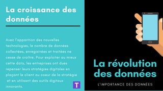 La croissance des
données
Avec l'apparition des nouvelles
technologies, le nombre de données
collectées, enregistrées et traitées ne
cesse de croître. Pour exploiter au mieux
cette data, les entreprises ont dues
repenser leurs stratégies digitales en
plaçant le client au coeur de la stratégie
et en utilisant des outils digitaux
innovants.
La révolution
des données
L ' I M P O R T A N C E D E S D O N N É E S
 
