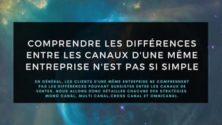 COMPRENDRE LES DIFFÉRENCES
ENTRE LES CANAUX D'UNE MÊME
ENTREPRISE N'EST PAS SI SIMPLE
E N G É N É R A L , L E S C L I E N T S D ' U N E M Ê M E E N T R E P R I S E N E C O M P R E N N E N T
P A S L E S D I F F É R E N C E S P O U V A N T S U B S I S T E R E N T R E L E S C A N A U X D E
V E N T E S . N O U S A L L O N S D O N C D É T A I L L E R C H A C U N E D E S S T R A T É G I E S
M O N O C A N A L , M U L T I C A N A L , C R O S S C A N A L E T O M N I C A N A L .
 