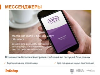  Вовлекая ваших подписчиков  Без скачивания новых приложений
МЕССЕНДЖЕРЫ
Возможность безопасной отправки сообщений по растущей базе данных
Место, где люди и бренды могут
общаться
Возможность рассылать сообщения в
мессенджеры – это возможность быть
там, где люди уже общаются.
 