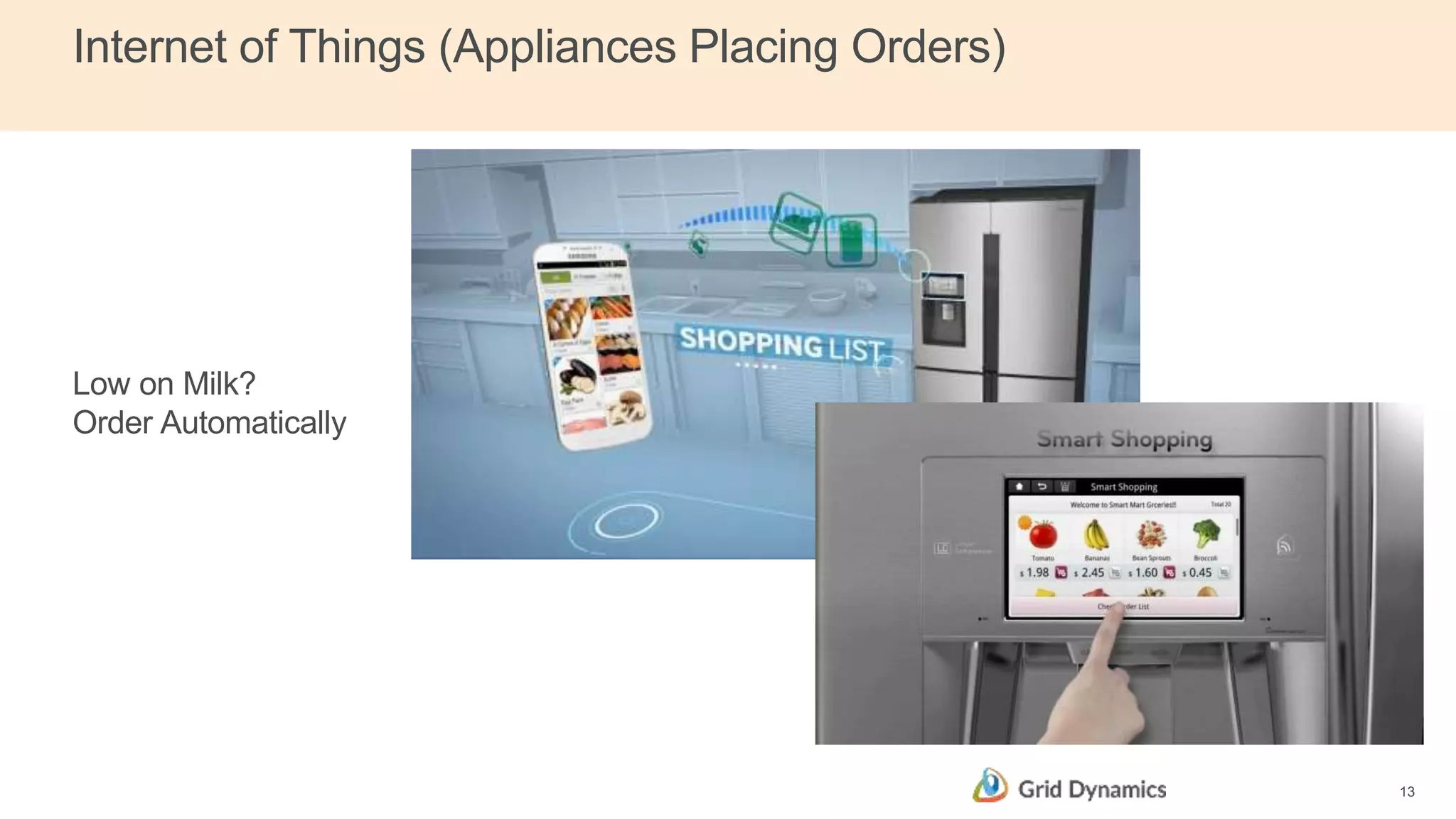 Low on Milk?
Order Automatically
13
Internet of Things (Appliances Placing Orders)
 