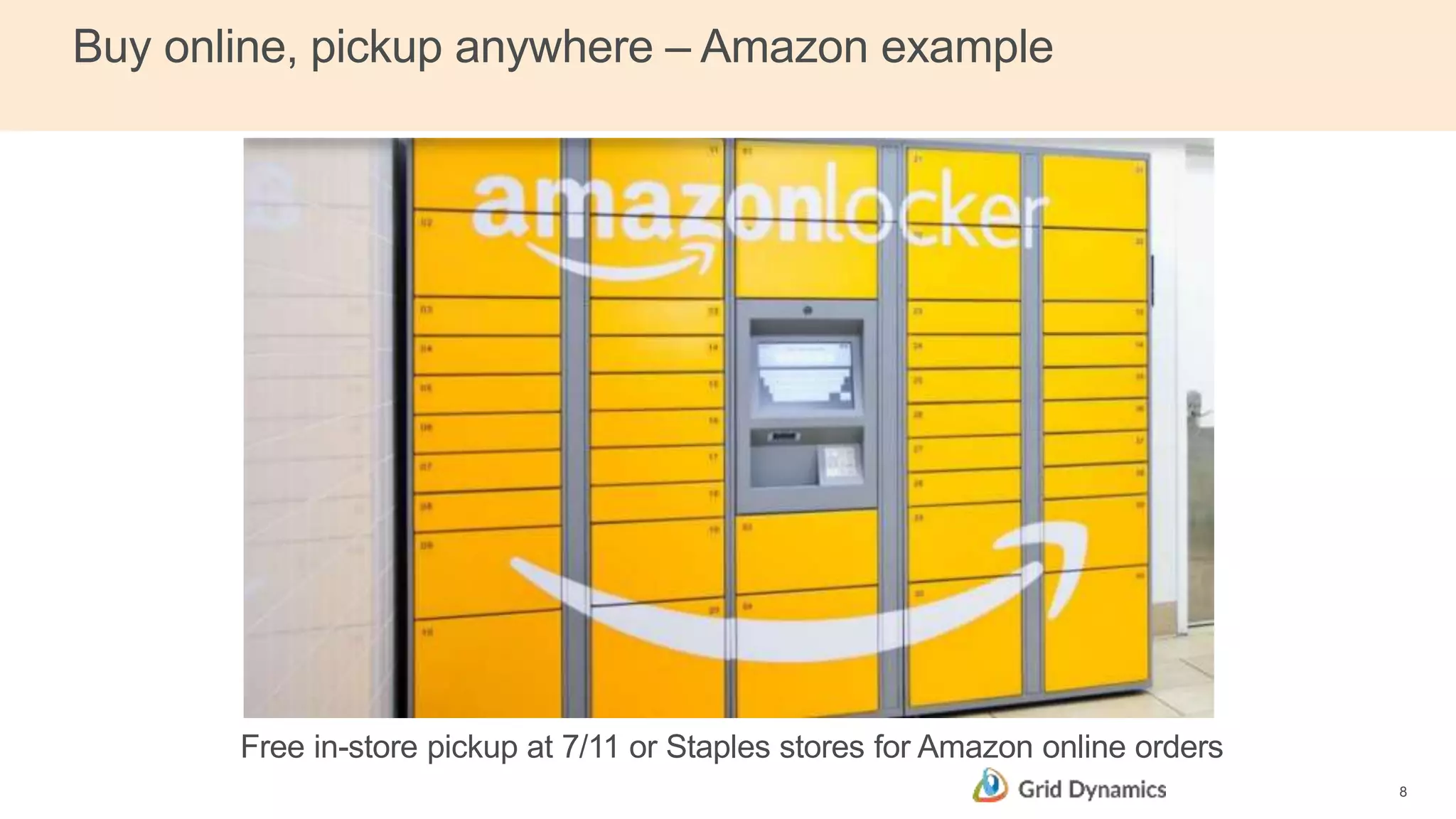Free in-store pickup at 7/11 or Staples stores for Amazon online orders
8
Buy online, pickup anywhere – Amazon example
 