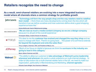 Retailers recognize the need to change

As a result, omni-channel retailers are evolving into a more integrated business
model where all channels share a common strategy for profitable growth
                      “Technology will form the way people shop and the way retailers need to redefine
                      their model…I think there are many developments coming down the line which will
                      transform how we define ourselves and how customers define what a good shopping
                      experience looks like.”
                      Andrea McDonnell, Head of Multichannel strategy

                      “We are now as much a media-content company as we are a design company
                      because it is all part of the overall experience.”
                      Christopher Bailey, Creative Director for Burberry

                      "It's clear to me the customer has evolved and changed the way they shop and we
                      have to change with them. There's no going back… The power of e-commerce extends
                      far beyond the keyboard and onto the sales floor.”
                      Terry Lundgren, Chairman, CEO, and President of Macy’s, Inc.

                      “Much of our focus on digital is because we think the survivors in the industry are
                      going to lead in this category.”
                      Myron Ullman Chairman and CEO

                      “The ability to allow our customer to take advantage of Walmart’s price leadership
                      whenever and wherever she wants is what underpins our multi-channel strategy…In
                      order to fully evolve into a multi-channel retailer here in the US, we need to make our
                      organization, particularly in Merchandising and Marketing, channel agnostic.”
                      Eduardo Castro-Wright, Vice Chairman of Walmart


12   Retail’s changing landscape – omni-channel customer experience                  © Deloitte & Touche LLP and affiliated entities.
 