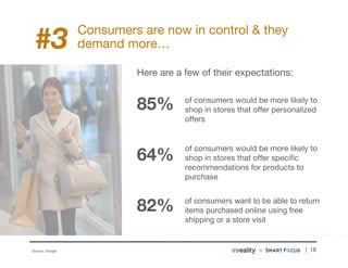 | 18
#3 Consumers are now in control & they
demand more…
Here are a few of their expectations:
85%
64%
82%
of consumers wo...
