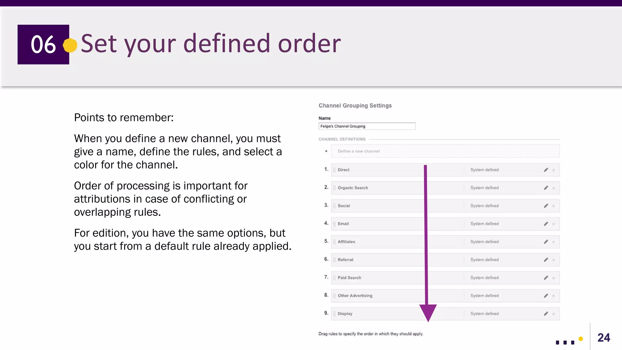 24
Set your defined order06
Points to remember:
When you define a new channel, you must
give a name, define the rules, and select a
color for the channel.
Order of processing is important for
attributions in case of conflicting or
overlapping rules.
For edition, you have the same options, but
you start from a default rule already applied.
 