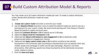 25
Build Custom Attribution Model & Reports07
You may create up to 10 custom attribution models per view. To create a custom attribution
model, decide what attribution model we need:
Then 
1. Create new custom model and enter a name for your model.
2. Use the Baseline Model drop-down menu to select the default model you want to use as a
starting point for your custom model. We recommend starting with Time Decay or Position
Based as baseline models and build upon.
3. (Optional) Lookback Window to On to specify any of 1-90 days.
4. (Optional) Adjust credit for impressions to On
5. (Optional) Set Adjust credit based on user engagement to On to distribute credit
proportionally based on engagement metrics.
6. (Optional) Set Apply custom credit rules to On to define conditions that identify
touchpoints in the conversion path according to characteristics such as position (first, last,
middle, assist) and campaign or traffic source type (Campaign, Keyword, and other
dimensions). After defining, specify how these touchpoints will be distributed conversion
credit, relative to others.
7. Click the Save and Apply
 