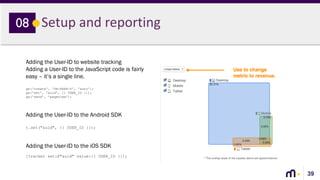 39
Setup and reporting08
Adding the User-ID to website tracking
Adding a User-ID to the JavaScript code is fairly
easy – it’s a single line.
ga('create', 'UA-XXXX-Y', 'auto');
ga('set', '&uid', {{ USER_ID }});
ga('send', 'pageview');
Adding the User-ID to the Android SDK
t.set("&uid", {{ USER_ID }});
Adding the User-ID to the iOS SDK
[tracker set:@"&uid" value:{{ USER_ID }}];
 