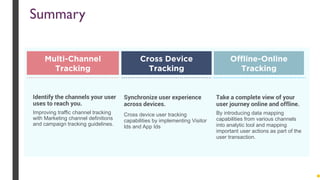 Identify the channels your user
uses to reach you.
Improving traffic channel tracking
with Marketing channel definitions
and campaign tracking guidelines.
Synchronize user experience
across devices.
Cross device user tracking
capabilities by implementing Visitor
Ids and App Ids
Take a complete view of your
user journey online and offline.
By introducing data mapping
capabilities from various channels
into analytic tool and mapping
important user actions as part of the
user transaction.
Multi-Channel
Tracking
Cross Device
Tracking
Offline-Online
Tracking
Summary
 