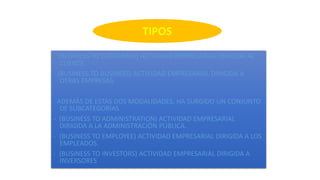 - (BUSINESS TO CONSUMER) ACTIVIDAD EMPRESARIAL DIRIGIDA AL
CLIENTE.
- (BUSINESS TO BUSINESS) ACTIVIDAD EMPRESARIAL DIRIGIDA A
OTRAS EMPRESAS.
ADEMÁS DE ESTAS DOS MODALIDADES, HA SURGIDO UN CONJUNTO
DE SUBCATEGORÍAS.
- (BUSINESS TO ADMINISTRATION) ACTIVIDAD EMPRESARIAL
DIRIGIDA A LA ADMINISTRACIÓN PÚBLICA.
- (BUSINESS TO EMPLOYEE) ACTIVIDAD EMPRESARIAL DIRIGIDA A LOS
EMPLEADOS.
- (BUSINESS TO INVESTORS) ACTIVIDAD EMPRESARIAL DIRIGIDA A
INVERSORES
TIPOS
 