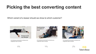 Picking the best converting content
X% Y% Z%
Dreams to fit
any lifestyle
An immersive environment to enhance your
imagination about coziness
Daydreaming
is a state of
mind
An immersive environment to enhance your
imagination about coziness
Feel at home
on the go
An immersive environment to enhance your
imagination about coziness
Which variant of a teaser should we show to which customer?
 