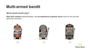 Multi-armed bandit
Which bandit should I play?
Start with random experimentation, and as experience is gained, focus more on the one that
gives the most wins.
X% Y% Z%
 