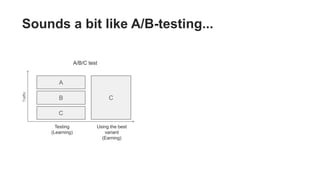 Sounds a bit like A/B-testing...
B
A
Testing
(Learning)
C
Using the best
variant
(Earning)
C
Traffic
A/B/C test
 