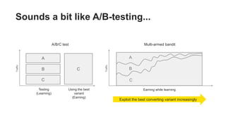 Sounds a bit like A/B-testing...
B
A
Testing
(Learning)
C
Using the best
variant
(Earning)
C
Exploit the best converting variant increasingly
Traffic
A/B/C test
Earning while learning
A
C
B
Traffic
Multi-armed bandit
 