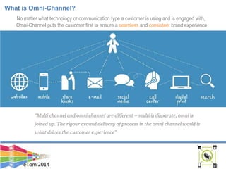 eCom 2014
What is Omni-Channel?
No matter what technology or communication type a customer is using and is engaged with,
Omni-Channel puts the customer first to ensure a seamless and consistent brand experience
 