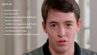 ANOS 80
• SEM INTERNET
• SEM CELULAR
• FACULDADE GARANTIA EMPREGO
• MENOS TRÂNSITO
• 1 EMPREGO GARANTIA SUSTENTO
• 18H ACABAVA O EXPEDIÊNTE
• 19H PESSOAS EM CASA
• FINAIS DE SEMANA PARA DESCANSO
 