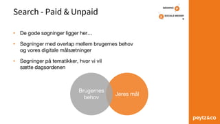 Search - Paid & Unpaid
Jeres mål
• De gode søgninger ligger her…
• Søgninger med overlap mellem brugernes behov
og vores digitale målsætninger
• Søgninger på tematikker, hvor vi vil
sætte dagsordenen
Brugernes
behov
 