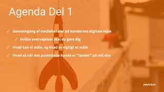 Agenda Del 1
✓ Gennemgang af mediekanaler på kundernes digitale rejse
✓ Hvilke overvejelser skal du gøre dig
✓ Hvad kan vi måle, og hvad er vigtigt at måle
✓ Hvad så når den potentielle kunde er ”landet” på mit site
✓
 