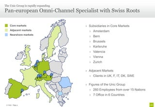 The Unic Group is rapidly expanding

Pan-european Omni-Channel Specialist with Swiss Roots

     Core markets                     › Subsidiaries in Core Markets
     Adjacent markets                   › Amsterdam
     Nearshore markets
                                        › Bern
                                        › Brussels
                                        › Karlsruhe
                                        › Valencia
                                        › Vienna
                                        › Zurich

                                      › Adjacent Markets
                                        › Clients in UK, F, IT, DK, SWE

                                      › Figures of the Unic Group
                                        › 260 Employees from over 15 Nations
                                        › 7 Office in 6 Countries


 © Unic | Page 4
 