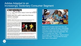 Retail store counters report that they see
more women walking into shop. Anecdotally,
tracking of online buzz show "fairly positive"
comments written about the campaign, like
"This is exactly how I feel", "This
encourages me to do sport", "Sports doesn't
have to be hard", "This isn't like the brand
that I had in mind before"
Adidas Adapted to an
Increasingly Sedentary Consumer Segment
GPJ Experience Marketing proprietary and strictly conﬁdential. Copyright reserved 2014.
 