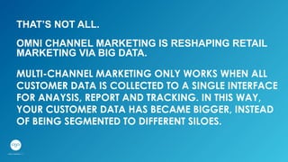 THAT’S NOT ALL.
OMNI CHANNEL MARKETING IS RESHAPING RETAIL
MARKETING VIA BIG DATA.
MULTI-CHANNEL MARKETING ONLY WORKS WHEN ALL
CUSTOMER DATA IS COLLECTED TO A SINGLE INTERFACE
FOR ANAYSIS, REPORT AND TRACKING. IN THIS WAY,
YOUR CUSTOMER DATA HAS BECAME BIGGER, INSTEAD
OF BEING SEGMENTED TO DIFFERENT SILOES.
 