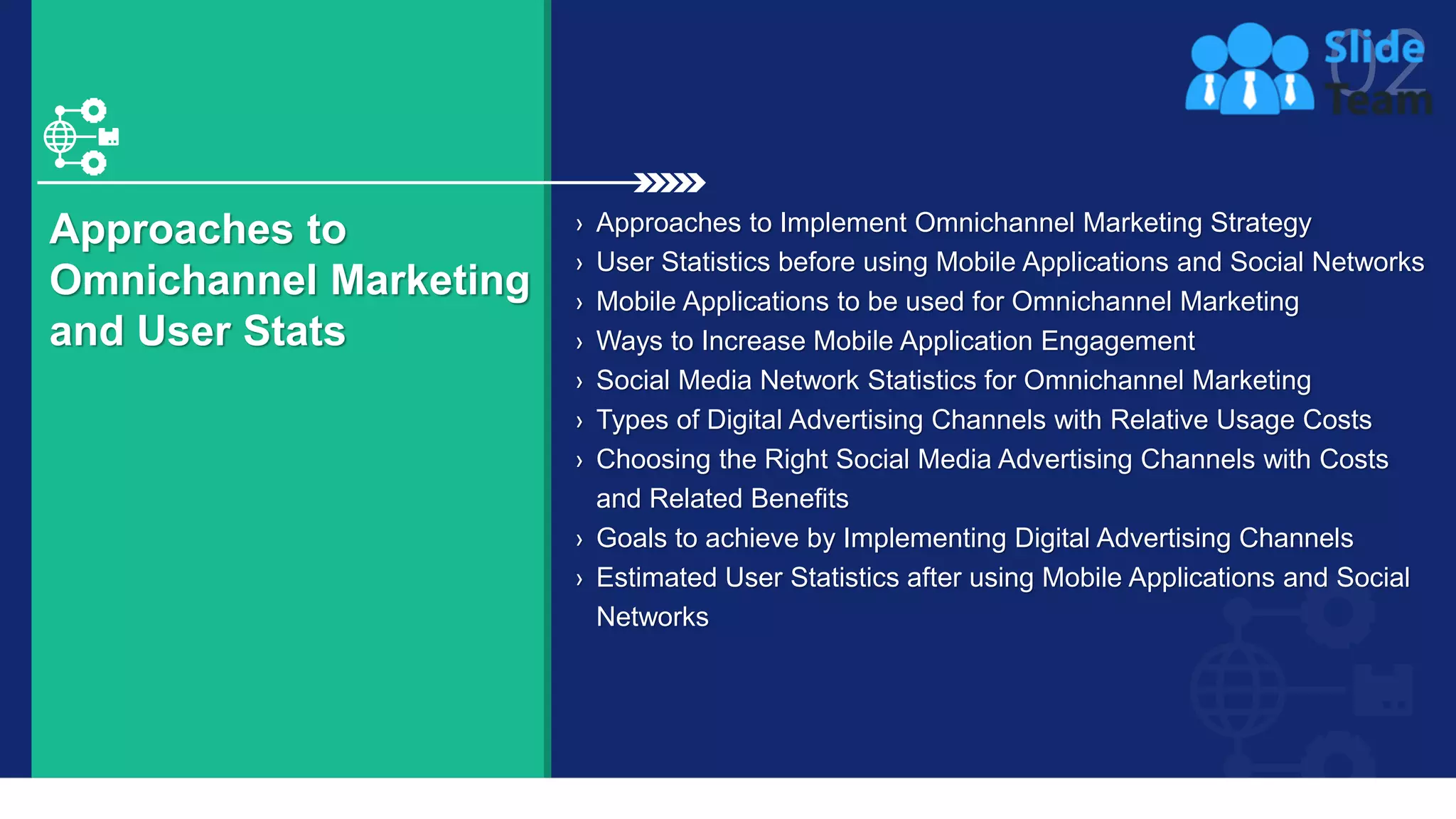 11
Approaches to
Omnichannel Marketing
and User Stats
› Approaches to Implement Omnichannel Marketing Strategy
› User Statistics before using Mobile Applications and Social Networks
› Mobile Applications to be used for Omnichannel Marketing
› Ways to Increase Mobile Application Engagement
› Social Media Network Statistics for Omnichannel Marketing
› Types of Digital Advertising Channels with Relative Usage Costs
› Choosing the Right Social Media Advertising Channels with Costs
and Related Benefits
› Goals to achieve by Implementing Digital Advertising Channels
› Estimated User Statistics after using Mobile Applications and Social
Networks
 