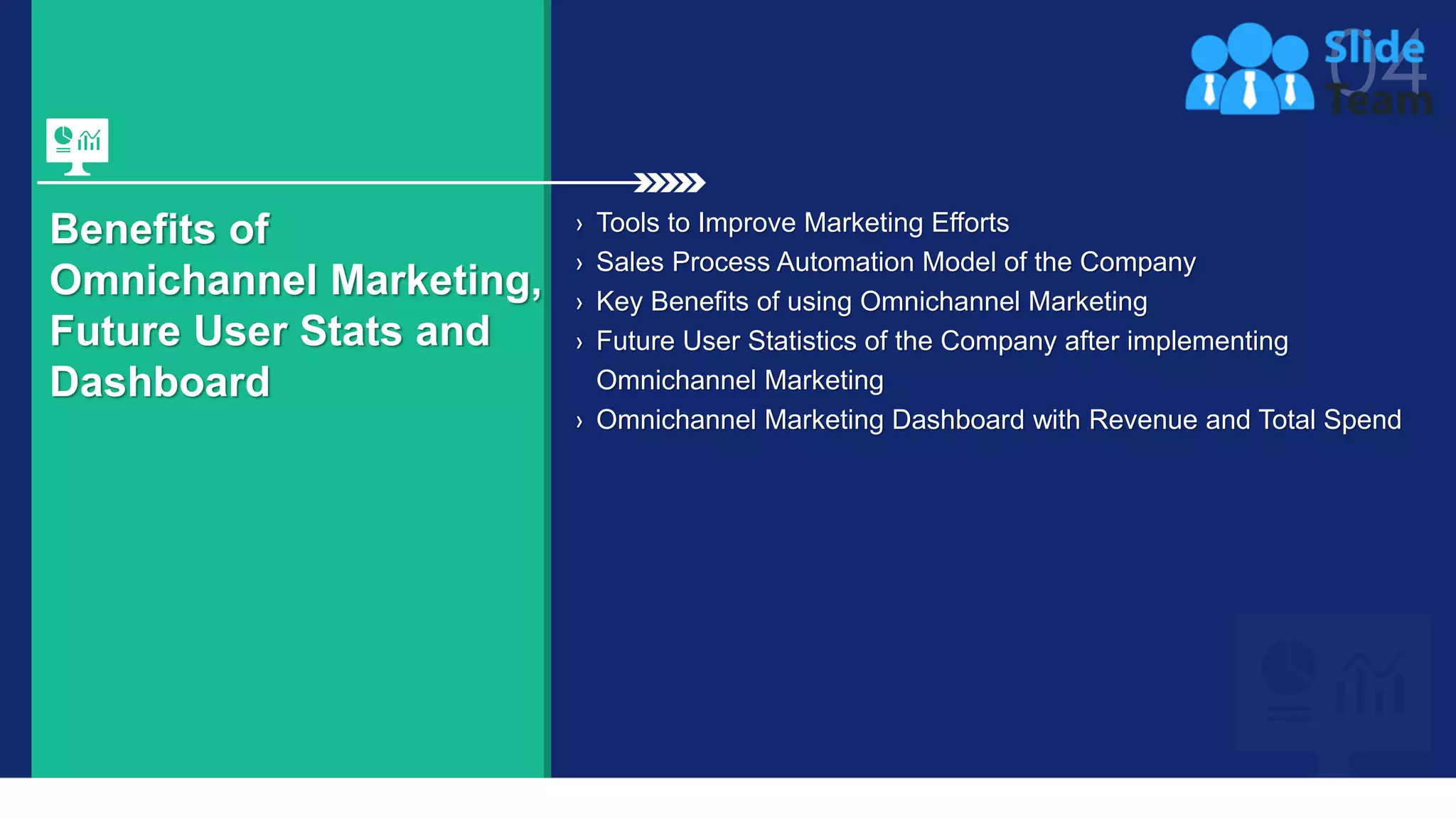 25
Benefits of
Omnichannel Marketing,
Future User Stats and
Dashboard
› Tools to Improve Marketing Efforts
› Sales Process Automation Model of the Company
› Key Benefits of using Omnichannel Marketing
› Future User Statistics of the Company after implementing
Omnichannel Marketing
› Omnichannel Marketing Dashboard with Revenue and Total Spend
 
