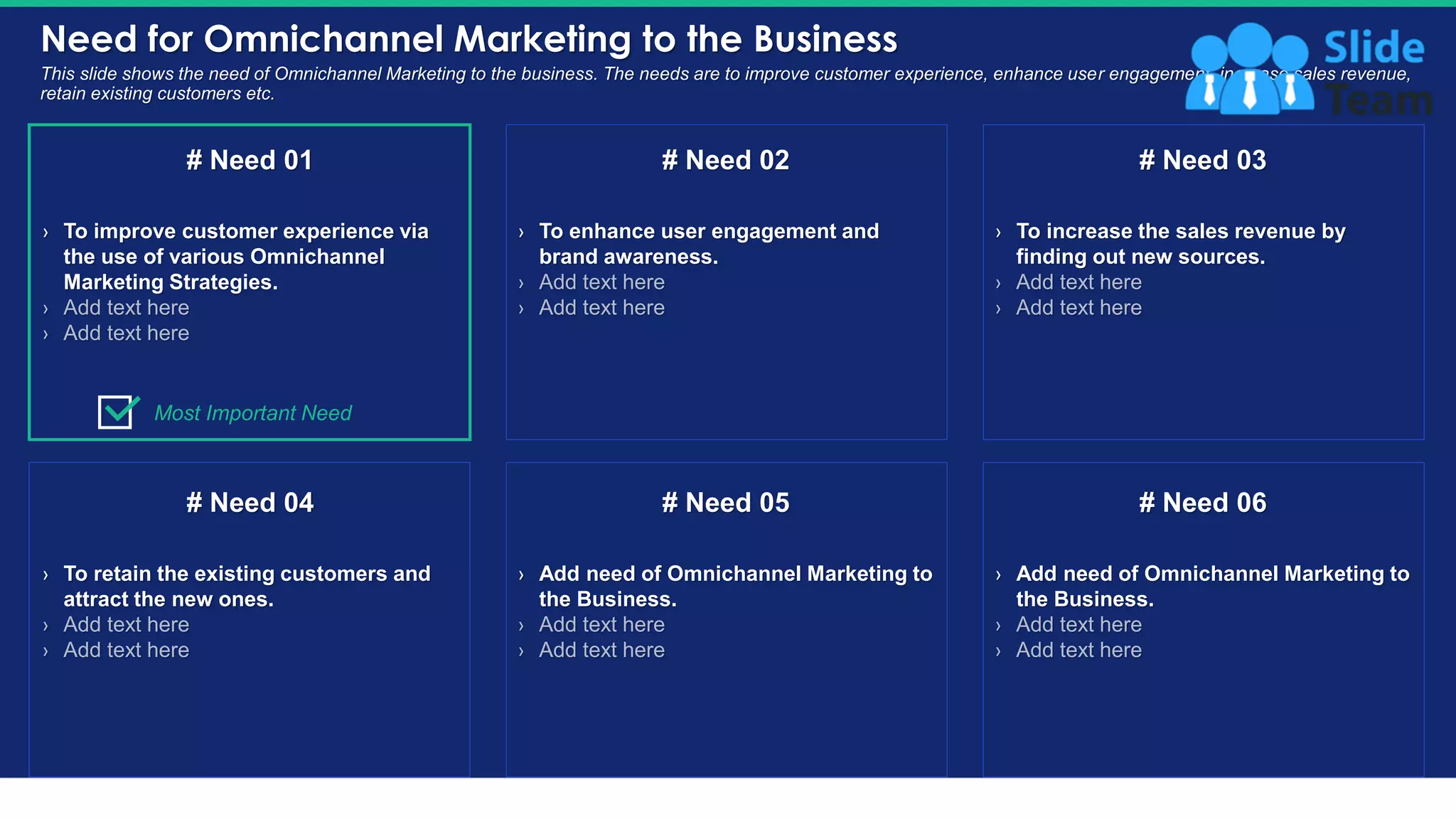Need for Omnichannel Marketing to the Business
6
This slide shows the need of Omnichannel Marketing to the business. The needs are to improve customer experience, enhance user engagement, increase sales revenue,
retain existing customers etc.
› To improve customer experience via
the use of various Omnichannel
Marketing Strategies.
# Need 01
› To enhance user engagement and
brand awareness.
# Need 02
› To increase the sales revenue by
finding out new sources.
# Need 03
› To retain the existing customers and
attract the new ones.
# Need 04
› Add need of Omnichannel Marketing to
the Business.
# Need 05
› Add need of Omnichannel Marketing to
the Business.
# Need 06
Most Important Need
This slide is 100% editable. Adapt it to your needs and capture your audience's attention.
 