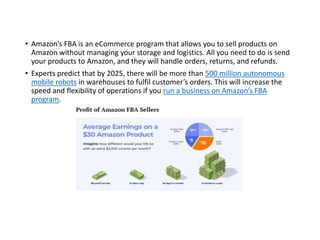 • Amazon’s FBA is an eCommerce program that allows you to sell products on
Amazon without managing your storage and logistics. All you need to do is send
your products to Amazon, and they will handle orders, returns, and refunds.
• Experts predict that by 2025, there will be more than 500 million autonomous
mobile robots in warehouses to fulfil customer’s orders. This will increase the
speed and flexibility of operations if you run a business on Amazon’s FBA
program.
 