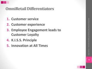 OmniRetailDifferentiators
1. Customer service
2. Customer experience
3. Employee Engagement leads to
Customer Loyalty
4. K...