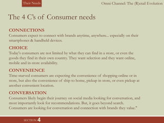 Omni Channel: The (R)etail EvolutionTheir Needs
SECTION 4
The 4 C’s of Consumer needs
CONNECTIONS
Consumers expect to connect with brands anytime, anywhere... especially on their
smartphones & handheld devices.
CHOICE
Today's consumers are not limited by what they can find in a store, or even the
goods they find in their own country. They want selection and they want online,
mobile and in-store availability.
CONVENIENCE
Time-starved consumers are expecting the convenience of shopping online or in
store, but also the convenience of ship to home, pickup in store, or even pickup at
another convenient location.
CONVERSATION
Consumers likely begin their journey on social media looking for conversation, and
most importantly look for recommendations. But, it goes beyond search.
Consumers are looking for conversation and connection with brands they value."
 