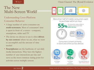 Omni Channel: The (R)etail EvolutionW h y ?
SECTION 2
Understanding Cross-Platform
Consumer Behavior
• A large number of active consumer are
multi-screeners. Most of consumers’ time
is spent in front of a screen – computer,
smartphone, tablet and TV
• The device we choose to use is often driven
by our context: where we are, what we want
to accomplish and the amount of time
needed
• Smartphones are the backbone of our daily
media interactions. They have the highest
number of user interactions per day and
serve as the most common stating point for
activities across multiple screens
The New
Multi-Screen World
Image credits & Source: Google Report ‘The New Multi-Screen World’
 