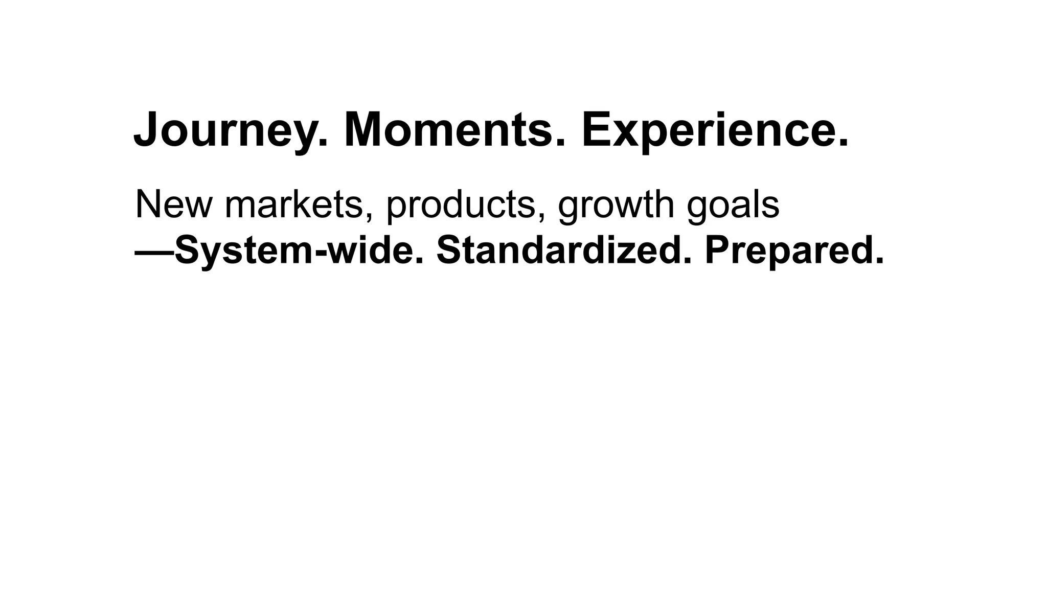 Journey. Moments. Experience.
Pretense debt
Guilt debt
New markets, products, growth goals
—System-wide. Standardized. Prepared.
 