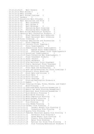 23.15.15.19.25 Wall Veneers 4
23.15.15.21 Wall Blocks 3
23.15.15.23 Wall Linings 3
23.15.15.25 Wall Finish Coatings 3
23.15.15.27 Renders 3
23.15.15.29 Acoustical Wall Finishes 3
23.15.15.31 Wall Specialties and Trim 3
23.15.15.31.11 Wall Pilasters 4
23.15.15.31.13 Wall Niches 4
23.15.15.31.15 Wall Moldings 4
23.15.15.31.17 Renovating Wall Coverings 4
23.15.15.31.19 Renovating Wall Claddings 4
23.15.15.33 Wall Finish Restoration Products 3
23.15.15.35 Security Wall Protection Products 3
23.15.15.35.11 Blast Resistant Wall Exteriors 4
23.15.15.35.13 Blast Resistant Wall Interiors 4
23.15.17.00 Floor Coverings 2
23.15.17.11 Flooring Specialties and Accessories 3
23.15.17.11.11 Floor Toppings 4
23.15.17.11.11.11 Concrete Floor Toppings 5
23.15.17.11.13 Floor Underlayments 4
23.15.17.11.13.11 Cementitious Floor Underlayments 5
23.15.17.11.13.11.11 Gypsum Floor Underlayments 6
23.15.17.11.13.11.13 Portland Cement Floor Underlayments 6
23.15.17.11.13.13 Acoustical Underlayments 5
23.15.17.11.13.15 Crack Prevention Mat Underlayments 5
23.15.17.11.15 Floor Treatment Products 4
23.15.17.11.15.11 Floor Sealers 5
23.15.17.11.15.13 Floor Hardeners 5
23.15.17.11.15.15 Slip Resistant Floor Treatment 5
23.15.17.11.15.17 Static Resistant Floor Treatment 5
23.15.17.11.15.19 Acid Resistant Floor Treatment 5
23.15.17.11.17 Floor Base and Accessories 4
23.15.17.11.17.11 Base and Accessories for Floor Coverings 5
23.15.17.11.17.13 Acoustic Floor Mountings 5
23.15.17.11.19 Floor Mats and Grilles 4
23.15.17.11.19.11 Floor Mats 5
23.15.17.11.19.13 Floor Grilles 5
23.15.17.11.19.15 Floor Gratings 5
23.15.17.11.21 Flooring Restoration Products 4
23.15.17.11.21.11 Bamboo 5
23.15.17.13 Floor Covering Strips, Tiles, Blocks, and Slabs 3
23.15.17.13.11 Wood Flooring 4
23.15.17.13.11.11 Cushioned Wood Flooring Assemblies 5
23.15.17.13.11.13 Mastic Set Wood Flooring Assemblies 5
23.15.17.13.11.15 Resilient Wood Flooring Assemblies 5
23.15.17.13.11.17 Wood Athletic Flooring 5
23.15.17.13.11.19 Wood Block Flooring 5
23.15.17.13.11.21 Wood Composition Flooring 5
23.15.17.13.11.23 Wood Parquet Flooring 5
23.15.17.13.11.25 Wood Strip Flooring 5
23.15.17.13.13 Tile Flooring 4
23.15.17.13.13.11 Clay Based Flooring 5
23.15.17.13.13.13 Ceramic Tile Flooring 5
23.15.17.13.13.13.11 Ceramic Mosaic Tile Flooring 6
23.15.17.13.13.13.13 Conductive Tile Flooring 6
23.15.17.13.13.15 Quarry Tile Flooring 5
23.15.17.13.13.17 Chemical Resistant Quarry Tile Flooring 5
23.15.17.13.13.17.11 Porcelain Tile Flooring 6
23.15.17.13.13.17.13 Glass Mosaic Tile Flooring 6
23.15.17.13.13.17.15 Plastic Tile Flooring 6
23.15.17.13.13.17.17 Metal Tile Flooring 6
23.15.17.13.13.17.19 Natural Cut Stone Tile Flooring 6
23.15.17.13.13.17.21 Tile Flooring Restoration Products 6
 