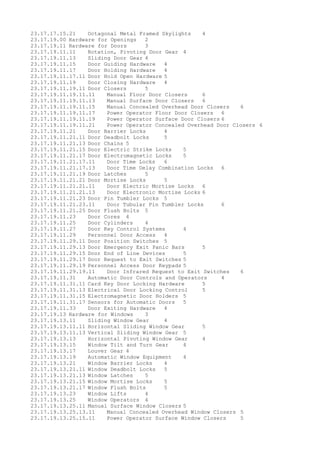 23.17.17.15.21 Octagonal Metal Framed Skylights 4
23.17.19.00 Hardware for Openings 2
23.17.19.11 Hardware for Doors 3
23.17.19.11.11 Rotation, Pivoting Door Gear 4
23.17.19.11.13 Sliding Door Gear 4
23.17.19.11.15 Door Guiding Hardware 4
23.17.19.11.17 Door Holding Hardware 4
23.17.19.11.17.11 Door Hold Open Hardware 5
23.17.19.11.19 Door Closing Hardware 4
23.17.19.11.19.11 Door Closers 5
23.17.19.11.19.11.11 Manual Floor Door Closers 6
23.17.19.11.19.11.13 Manual Surface Door Closers 6
23.17.19.11.19.11.15 Manual Concealed Overhead Door Closers 6
23.17.19.11.19.11.17 Power Operator Floor Door Closers 6
23.17.19.11.19.11.19 Power Operator Surface Door Closers 6
23.17.19.11.19.11.21 Power Operator Concealed Overhead Door Closers 6
23.17.19.11.21 Door Barrier Locks 4
23.17.19.11.21.11 Door Deadbolt Locks 5
23.17.19.11.21.13 Door Chains 5
23.17.19.11.21.15 Door Electric Strike Locks 5
23.17.19.11.21.17 Door Electromagnetic Locks 5
23.17.19.11.21.17.11 Door Time Locks 6
23.17.19.11.21.17.13 Door Time Delay Combination Locks 6
23.17.19.11.21.19 Door Latches 5
23.17.19.11.21.21 Door Mortise Locks 5
23.17.19.11.21.21.11 Door Electric Mortise Locks 6
23.17.19.11.21.21.13 Door Electronic Mortise Locks 6
23.17.19.11.21.23 Door Pin Tumbler Locks 5
23.17.19.11.21.23.11 Door Tubular Pin Tumbler Locks 6
23.17.19.11.21.25 Door Flush Bolts 5
23.17.19.11.23 Door Cores 4
23.17.19.11.25 Door Cylinders 4
23.17.19.11.27 Door Key Control Systems 4
23.17.19.11.29 Personnel Door Access 4
23.17.19.11.29.11 Door Position Switches 5
23.17.19.11.29.13 Door Emergency Exit Panic Bars 5
23.17.19.11.29.15 Door End of Line Devices 5
23.17.19.11.29.17 Door Request to Exit Switches 5
23.17.19.11.29.19 Personnel Access Door Keypads 5
23.17.19.11.29.19.11 Door Infrared Request to Exit Switches 6
23.17.19.11.31 Automatic Door Controls and Operators 4
23.17.19.11.31.11 Card Key Door Locking Hardware 5
23.17.19.11.31.13 Electrical Door Locking Control 5
23.17.19.11.31.15 Electromagnetic Door Holders 5
23.17.19.11.31.17 Sensors for Automatic Doors 5
23.17.19.11.33 Door Exiting Hardware 4
23.17.19.13 Hardware for Windows 3
23.17.19.13.11 Sliding Window Gear 4
23.17.19.13.11.11 Horizontal Sliding Window Gear 5
23.17.19.13.11.13 Vertical Sliding Window Gear 5
23.17.19.13.13 Horizontal Pivoting Window Gear 4
23.17.19.13.15 Window Tilt and Turn Gear 4
23.17.19.13.17 Louver Gear 4
23.17.19.13.19 Automatic Window Equipment 4
23.17.19.13.21 Window Barrier Locks 4
23.17.19.13.21.11 Window Deadbolt Locks 5
23.17.19.13.21.13 Window Latches 5
23.17.19.13.21.15 Window Mortise Locks 5
23.17.19.13.21.17 Window Flush Bolts 5
23.17.19.13.23 Window Lifts 4
23.17.19.13.25 Window Operators 4
23.17.19.13.25.11 Manual Surface Window Closers 5
23.17.19.13.25.13.11 Manual Concealed Overhead Window Closers 5
23.17.19.13.25.15.11 Power Operator Surface Window Closers 5
 