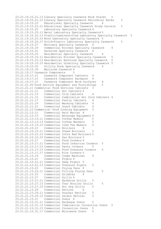 23.21.19.15.21.13 Library Specialty Casework Book Stacks 5
23.21.19.15.21.15 Library Specialty Casework Periodical Racks 5
23.21.19.15.23 Educational Specialty Casework 4
23.21.19.15.23.11 Educational Specialty Casework Study Carrels 5
23.21.19.15.25 Laboratory Specialty Casework 4
23.21.19.15.25.11 Metal Laboratory Specialty Casework 5
23.21.19.15.25.13 Plastic-Laminate-Clad Laboratory Specialty Casework 5
23.21.19.15.25.15 Wood Laboratory Specialty Casework 5
23.21.19.15.25.17 Solid-Plastic Laboratory Specialty Casework 5
23.21.19.15.27 Mortuary Specialty Casework 4
23.21.19.15.29 Commercial Kitchen Specialty Casework 4
23.21.19.15.31 Darkroom Specialty Casework 4
23.21.19.15.33 Residential Specialty Casework 4
23.21.19.15.33.11 Residential Kitchen Specialty Casework 5
23.21.19.15.33.13 Residential Bathroom Specialty Casework 5
23.21.19.15.33.15 Residential Dormitory Specialty Casework 5
23.21.19.15.35 Utility Room Specialty Casework 4
23.21.19.15.39 Mailroom Casework 4
23.21.19.17 Casework Components 3
23.21.19.17.11 Casework Component Cabinets 4
23.21.19.17.13 Casework Component Hardware 4
23.21.19.17.15 Casework Component Work Surfaces 4
23.21.21.00 Food Service Equipment and Furnishings 2
23.21.21.11 Commercial Food Services Cabinets 3
23.21.21.11.11 Commercial Hot Cabinets 4
23.21.21.11.13 Commercial Cold Cabinets 4
23.21.21.11.15 Commercial Combination Hot Cold Cabinets 4
23.21.21.11.17 Commercial Pastry Cabinets 4
23.21.21.11.19 Commercial Warming Cabinets 4
23.21.21.11.21 Commercial Snack Cabinets 4
23.21.21.13 Commercial Food Cooking Equipment 3
23.21.21.13.11 Commercial Bain Maries 4
23.21.21.13.13 Commercial Beverage Equipment 4
23.21.21.13.13.11 Commercial Coffee Makers 5
23.21.21.13.13.13 Commercial Coffee Warmers 5
23.21.21.13.13.15 Commercial Iced Tea Makers 5
23.21.21.13.15 Commercial Broilers 4
23.21.21.13.15.11 Commercial Steam Broilers 5
23.21.21.13.15.13 Commercial Infra Red Broilers 5
23.21.21.13.15.15 Commercial Gas Broilers 5
23.21.21.13.17 Commercial Food Cookers 4
23.21.21.13.17.11 Commercial Food Induction Cookers 5
23.21.21.13.17.13 Commercial Pasta Cookers 5
23.21.21.13.17.15 Commercial Food Pressure Cookers 5
23.21.21.13.17.17 Commercial Rice Cookers 5
23.21.21.13.19 Commercial Crepe Machines 4
23.21.21.13.21 Commercial Fryers 4
23.21.21.13.21.11 Commercial Deep Fryers 5
23.21.21.13.21.13 Commercial Pressure Fryers 5
23.21.21.13.23 Commercial Frying Pans 4
23.21.21.13.23.11 Commercial Tilting Frying Pans 5
23.21.21.13.25 Commercial Griddles 4
23.21.21.13.27 Commercial Grills 4
23.21.21.13.27.11 Commercial Barbecue Grills 5
23.21.21.13.27.13 Commercial Char Broiler Grills 5
23.21.21.13.27.15 Commercial Hot Dog Grills 5
23.21.21.13.29 Commercial Kettles 4
23.21.21.13.29.11 Commercial Poacher Kettles 5
23.21.21.13.29.13 Commercial Salmon Kettles 5
23.21.21.13.31 Commercial Ovens 4
23.21.21.13.31.11 Commercial Barbeque Ovens 5
23.21.21.13.31.13 Commercial Combination Convection Ovens 5
23.21.21.13.31.15 Commercial Convection Ovens 5
23.21.21.13.31.17 Commercial Microwave Ovens 5
 