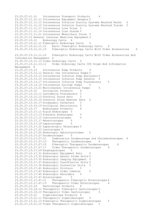 23.25.27.11.11 Intravenous Transport Products 4
23.25.27.11.11.11 Intravenous Equipment Hangers 5
23.25.27.11.11.13 Intravenous Infusion Gravity Systems Mounted Racks 5
23.25.27.11.11.15 Intravenous Infusion Gravity Systems Mounted Tracks 5
23.25.27.11.11.17 Intravenous Line Poles 5
23.25.27.11.11.19 Intravenous Line Stands 5
23.25.27.11.11.21 Intravenous Wheelchair Poles 5
23.25.27.13 General Internal Medicine Equipment 3
23.25.27.13.11 Endoscopy Carts 4
23.25.27.13.11.11 Fiberoptic Endoscopy Carts 5
23.25.27.13.11.11.11 Basic Fiberoptic Endoscopy Carts 6
23.25.27.13.11.11.13 Fiberoptic Endoscopy Carts With Video Accessories 6
23.25.27.13.11.11.15 Fiberoptic Endoscopy Carts With Video Accessories And
Information Management 6
23.25.27.13.11.13 Video Endoscopy Carts 5
23.25.27.13.11.13.11 Video Endoscopy Carts CCD Scope And Information
Management 6
23.25.27.13.13 Intravenous Pump Products 4
23.25.27.13.13.11 General Use Intravenous Pumps 5
23.25.27.13.13.13 Intravenous Infusion Pump Analyzers 5
23.25.27.13.13.15 Intravenous Infusion Pump Sensors 5
23.25.27.13.13.17 Intravenous Infusion Pump Transducers 5
23.25.27.13.13.19 Intravenous Syringe Pumps 5
23.25.27.13.13.21 Multichannel Intravenous Pumps 5
23.25.27.13.15 Urological Products 4
23.25.27.13.15.11 Cystometry Transducers 5
23.25.27.13.15.13 Urethral Sound Sets 5
23.25.27.13.15.15 Urethral Stone Remover Sets 5
23.25.27.13.15.17 Urodynamic Catheters 5
23.25.27.13.15.19 Urological Percolators 5
23.25.27.13.17 Endoscopes Products 4
23.25.27.13.17.11 Rigid Endoscopes 5
23.25.27.13.17.13 Flexible Endoscopes 5
23.25.27.13.17.15 Cystourethroscopes 5
23.25.27.13.17.17 Resectoscopes 5
23.25.27.13.17.19 Laparoscopes 5
23.25.27.13.17.21 Laparoscopic Telescopes 5
23.25.27.13.17.23 Cystoscopes 5
23.25.27.13.17.25 Endoscopic Sphincterotomes 5
23.25.27.13.17.27 Duodenoscopes 5
23.25.27.13.17.27.11 Combination Duodenoscope and Choledochoscopes 6
23.25.27.13.17.27.13 Therapeutic Duodenoscopes 6
23.25.27.13.17.27.15 Fiberoptic Therapeutic Duodenoscopes 6
23.25.27.13.17.27.17 Video Therapeutic Duodenoscopes 6
23.25.27.13.17.29 Esophagoscopes 5
23.25.27.13.17.31 Endoscopic Equipment Sets 5
23.25.27.13.17.33 Endoscopic Heater Probe Units 5
23.25.27.13.17.35 Endoscopic Imaging Equipment 5
23.25.27.13.17.37 Endoscopic Insufflation Units 5
23.25.27.13.17.39 Endoscopic Distention Units 5
23.25.27.13.17.41 Endoscopic Printers 5
23.25.27.13.17.43 Endoscopic Video Cameras 5
23.25.27.13.17.45 Endoscopic Recorders 5
23.25.27.13.17.47 Enteroscopes 5
23.25.27.13.17.47.11 Therapeutic Fiberoptic Enteroscopes 6
23.25.27.13.17.47.13 Therapeutic Video Enteroscopes 6
23.25.27.13.19 Gastroscope Products 4
23.25.27.13.19.11 Therapeutic Fiberoptic Gastroscopes 5
23.25.27.13.19.13 Therapeutic Video Gastroscopes 5
23.25.27.13.21 Sigmoidoscope Products 4
23.25.27.13.21.11 Therapeutic Sigmoidoscopes 5
23.25.27.13.21.13 Fiberoptic Therapeutic Sigmoidoscopes 5
23.25.27.13.21.15 Video Therapeutic Sigmoidoscopes 5
 