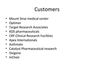 Customers Mount Sinai medical center Optimer Target Research Associates KOS pharmaceuticals CRF-Clinical Research Facilities Apex Internationals Asthmatx Catalyst Pharmaceutical research Oxigene InChoir 