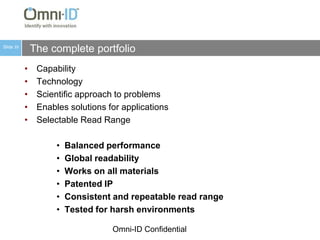 Support customer-driven solutions with flexible options including encapsulation and attachmentProducts and ServicesPassive UHF RFID TagsOmni-ID Prox™ - smallest formfactor, short rangeOmni-ID Flex™ - mid-rangeOmni-ID Max™ -long-rangeOmni-ID Ultra ™ -very long rangeOmni-ID Tag CommissioningService