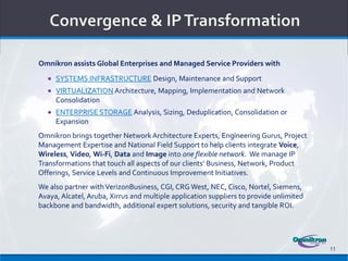 Omnikron assists Global Enterprises and Managed Service Providers with
      SYSTEMS INFRASTRUCTURE Design, Maintenance and Support
      VIRTUALIZATION Architecture, Mapping, Implementation and Network
       Consolidation
      ENTERPRISE STORAGE Analysis, Sizing, Deduplication, Consolidation or
       Expansion
Omnikron brings together Network Architecture Experts, Engineering Gurus, Project
Management Expertise and National Field Support to help clients integrate Voice,
Wireless, Video, Wi-Fi, Data and Image into one flexible network. We manage IP
Transformations that touch all aspects of our clients’ Business, Network, Product
Offerings, Service Levels and Continuous Improvement Initiatives.
We also partner with VerizonBusiness, CGI, CRG West, NEC, Cisco, Nortel, Siemens,
Avaya, Alcatel, Aruba, Xirrus and multiple application suppliers to provide unlimited
backbone and bandwidth, additional expert solutions, security and tangible ROI.




                                                                                        11
 