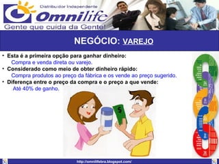 NEGÓCIO:  VAREJO   Esta é a primeira opção para ganhar dinheiro:  Compra e venda direta ou varejo. Considerado como meio de obter dinheiro rápido: Compra produtos ao preço da fábrica e os vende ao preço sugerido. Diferença entre o preço da compra e o preço a que vende: Até 40% de ganho. 