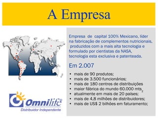 A Empresa Distribuidor Independente  Empresa  de  capital 100% Mexicano, líder na fabricação de complementos nutricionais,  produzidos com a mais alta tecnologia e  formulado por cientistas da NASA,  tecnologia esta exclusiva e patenteada. Em 2.007  mais de 90 produtos; mais de 3.500 funcionários; mais de 180 centros de distribuições maior fábrica do mundo 60.000 mts atualmente em mais de 20 países; mais de 4,8 milhões de distribuidores; mais de US$ 2 bilhões em faturamento; 2 