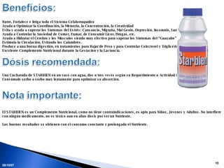 28/05/09 Nutre, Fortalece e Irriga todo el Sistema Cefalorraquídeo Ayuda a Optimizar la Coordinación, la Memoria, la Concentración, la Creatividad Evita y ayuda a superar los Síntomas del Estrés: Cansancio, Migraña, Mal Genio, Depresión, Insomnio, Lumbagos. Ayuda a Controlar la Ansiedad de Comer, Fumar, de Consumir Licor, Drogas, etc. Ayuda a Hidratar el Cerebro y los Músculos siendo muy efectivo para superar los Síntomas del “Guayabo” o la “Resaca”. Estimula la Circulación, Evitando los Calambres. Produce a una buena digestión, en tratamientos para Bajar de Peso y para Controlar Colesterol y Triglicéridos. Excelente Complemento Nutricional durante la Gestación y la Lactancia. Una Cucharada de STARBIEN en un vaso con agua, dos o tres veces según su Requerimiento o Actividad Física y Mental. Consúmalo sorbo a sorbo muy lentamente para optimizar su absorción. El STARBIEN es un Complemento Nutricional, como no tiene contraindicaciones, es apto para Niños, Jóvenes y Adultos. No interfiere con ningún medicamento, no es tóxico aun en altas dosis por ser un Nutriente. Los buenos resultados se obtienen con el consumo constante y prolongado el Nutriente. 