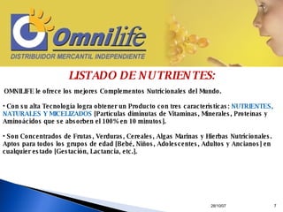 28/05/09 LISTADO DE NUTRIENTES: OMNILIFE le ofrece los mejores Complementos Nutricionales del Mundo.  Con su alta Tecnología logra obtener un Producto con tres características:  NUTRIENTES, NATURALES Y MICELIZADOS  [Partículas diminutas de Vitaminas, Minerales, Proteínas y Aminoácidos que se absorben el 100% en 10 minutos].  Son Concentrados de Frutas, Verduras, Cereales, Algas Marinas y Hierbas Nutricionales.  Aptos para todos los grupos de edad [Bebé, Niños, Adolescentes, Adultos y Ancianos] en cualquier estado [Gestación, Lactancia, etc.]. 