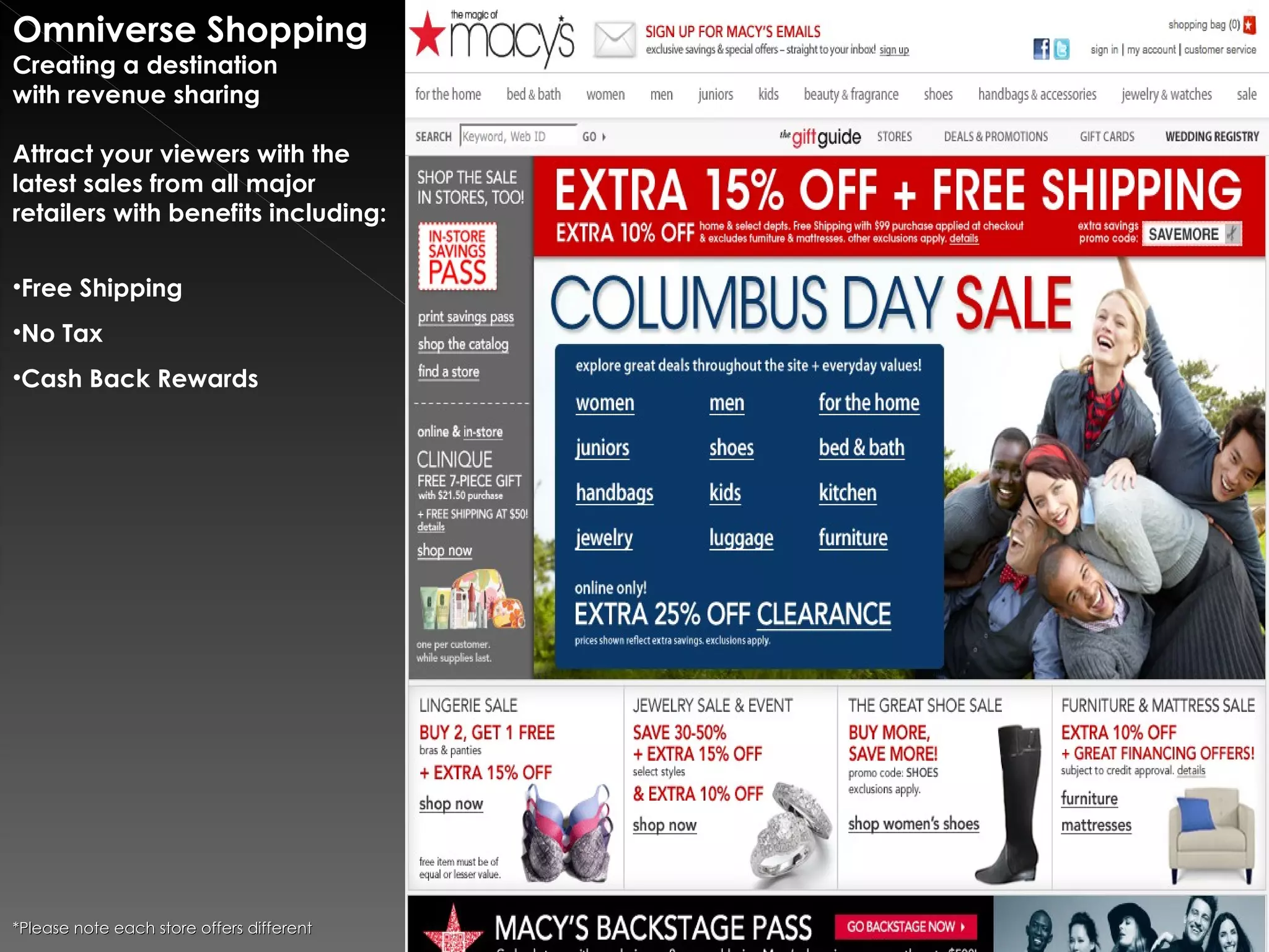 Omniverse Shopping
Creating a destination
with revenue sharing

Attract your viewers with the
latest sales from all major
retailers with benefits including:

•Free Shipping
•No Tax
•Cash Back Rewards




*Please note each store offers different
 