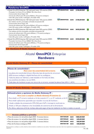 Alcatel OmniPCX Enterprise R5.1 Express - Catálogo Comercial Global - España - Septiembre 2003                                                         8AL 02003 3306 DMASA Ed. 02
1. Plataforma OmniPCX
Anexos
 • Alcatel OmniPCX Enterprise 150 hotel pack hasta 150 usuarios (230V)                                                         3BA00495AA             AA40         6100,00 EUR
    - Procesador Com Server CS (con SDRAM 128 y Disco Duro)
    - Communication Server Engine 150
    - licencias de software para 90 usuarios Reflexes y 50 usuarios analógicos
    - hotel, AHL, guías vocales, multilingües y IP enabler (V24)
 • Alcatel OmniPCX Enterprise 150 hotel pack hasta 150 usuarios (230V)                                                         3BA00495AA             AA40         6100,00 EUR
    - Dos módulos rack 3U y procesador controlador de pasarela GD
    - Communication Server Engine 150
    - licencias de software para 90 usuarios Reflexes y 50 usuarios analógicos
    - hotel, AHL, guías vocales, multilingües y IP enabler (V24)
 • Alcatel OmniPCX Enterprise 250 hotel pack hasta 250 usuarios (230V)                                                         3BA00496AA             AA40         8450,00 EUR
    - Tres módulos rack 3U y procesador controlador de pasarela GD
    - licencias de software para 150 usuarios Reflexes y 110 usuarios analógicos
    - Communication Server Engine 250
    - hotel, AHL, guías vocales, multilingües y IP enabler (V24)
 • Alcatel OmniPCX Enterprise 250 hotel pack hasta 250 usuarios (230V)                                                         3BA00496AA             AA40         8450,00 EUR
    - Procesador Com Server CS (con SDRAM 128 y Disco Duro)
    - licencias de software para 150 usuarios Reflexes y 110 usuarios analógicos
    - Communication Server Engine 250
    - hotel, AHL, guías vocales, multilingües y IP enabler (V24)

1.2 Hardware IP Media Gateway


                                             Alcatel OmniPCX Enterprise
                                                      Hardware
Alcatel Media Gateway IP - Placas de conectividad


   Placas de conectividad :
                                        Para crear las conectividad del armario.
   -   Las placas de conectividad ofrecen diferentes tipos de puertos de comunicación.
   -   ADSL/accesos analógico o digital/interfaces de voz analógicas…
   -   Todas las placas son idénticas y están basadas en formatos de datos.
   -   Los conectores de datos y voz son RJ45.
   - Cada placa de hardware ocupa una ranura de un armario, excepto las placas hijas (AFU-1, MCV).


Alcatel IP Media Gateway - Infraestructura

   Infraestructura y opciones de Media Gateway IP :
                         Para crear o ampliar un Media Gateway IP (máximo 3).
   - Para añadir un 2º armario mediante un kit de conexión # 1 y un 3º mediante un kit # 2.
   - Para añadir aplicaciones opcionales que necesiten recursos de hardware :
    * añada unidades de procesaniento (CPU GA) para VoIP o mensajería vocal externa.
   - Añada un SAI para adaptarse a las necesidades de autonomía de la alimentación.
   - Por último, seleccione el kit de montaje adecuado según el tipo de instalación (en Rack o instalar en pared).



             Accesos públicos y privados
 • Placa de acceso a la red pública digital RDSI : 8 accesos básicos                                                           3EH73006AB             AA35         1080,00 EUR
 • Placa de acceso a la red pública digital RDSI : 4 accesos básicos                                                           3EH73006AC             AA35            640,00 EUR
 • Placa de acceso a la red pública digital RDSI : 2 accesos básicos                                                           3EH73006AD             AA35            420,00 EUR
 • Placa de 8 enlaces analógicos APA8                                                                                          3EH73031AB             AA35            530,00 EUR

Este documento no constituye un contrato. Alcatel se reserva el derecho a modificarlo sin aviso anterior. Todos derechos reservados. Cada marca registrada es la propiedad de sus compañÍas
respectivas.
                                                                                                                                                                                     14 / 32
 