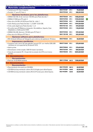 Alcatel OmniPCX Enterprise R5.1 Express - Catálogo Comercial Global - España - Septiembre 2003                                                         8AL 02003 3306 DMASA Ed. 02
7. Materiales complementarios
Anexos
 • Teclado para PC Pack 4 español                                                                                              3BA57293SP             FF11              70,00 EUR
 • Pantalla 17" para PC Pack 4                                                                                                 3BA57295AA             FF11            580,00 EUR
             Opciones hardware para las plataformas
 • SDRAM 256 MB, Kit de memoria 133 MHz para Packs Servidor 1                                                                  3BA27586AA             FF11         1400,00 EUR
 • SDRAM 512MB para PC pack 4                                                                                                  3BA27649AA             FF11         1950,00 EUR
 • Disco duro 36 GB U-W-SCSI para Pack Se rvidor 1                                                                             3BA57249AA             FF11            929,00 EUR
 • Lector Backup para Packs Servidor 1 y 3 (DAT 12/24 GB)                                                                      3BA57260AA             FF11         1494,00 EUR
 • Cinta audio digital para Packs Servidor 1 y 3                                                                               3BA57261AA             FF11            470,00 EUR
 • Kit confort para IP-PIMphony incluyendo Microteléfono, Soporte, Caja                                                        3BA57323AA             FF11            130,00 EUR
    Adaptadora y Cable puerto COM
 • SDRAM 256 MB, Memoria 133 MHz para PC Pack 4                                                                                3BA57334AA             FF11            929,00 EUR
 • Disco duro 6,4 GB para PC Pack 4                                                                                            3BH11281AB             FF11            342,00 EUR
             Opciones software para plataformas
 • IRC Infratools Software de Teleagente para sistemas de explotación Windows                                                  3BA57482AA             FF11              58,00 EUR
             Impresoras y periféricos
 • Impresora color chorro de tinta estándar Lexmark Z31 con interfaz USB (USB                                                  3BA57126AA             FF11            270,00 EUR
    interfaces are not supported by Windows® NT4)
 • Matrix printer                                                                                                              3BA57208AA             FF11            278,00 EUR
 • Alimentación ininterrumpida 1500 VA hasta 6 servidores                                                                      3BA57262AA             FF11            840,00 EUR
 • Caja de conmutación PC 1/4 permite la conexión de 4 PC en el mismo                                                          3BA57286AA             FF11         2044,00 EUR
    servidor
7.2 Herraminentas
     Herraminentas
 • Pack de 10 CD-ROM Asistente                                                                                                 3BH11570AA             AA15         1500,00 EUR
7.3 Documentación
      Documentación
 • Documentación de usuario en CD-ROM                                                                                          3BA19782ZD             DD12              60,00 EUR
 • CD-ROM de documentación sistema R5.0 LX Inglés para oferta Express.                                                         3EU19920EN             AA40              60,00 EUR
 • CD-ROM de documentación sistema R5.0 LX Francés para oferta Express.                                                        3EU19920FR             AA40              60,00 EUR




Este documento no constituye un contrato. Alcatel se reserva el derecho a modificarlo sin aviso anterior. Todos derechos reservados. Cada marca registrada es la propiedad de sus compañÍas
respectivas.
                                                                                                                                                                                     30 / 32
 